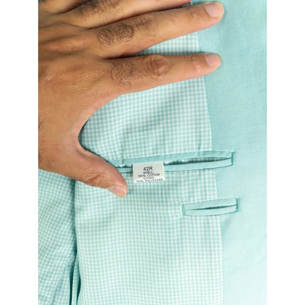 Saddlebred Mint Turquoise Sport Coat Blazer Mens Gingham Lined 42R Preppy Countr